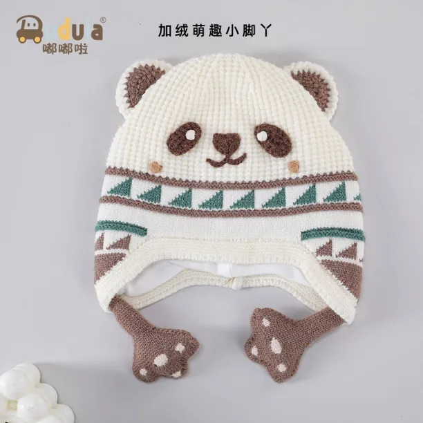 哆啦布丁胖嘟小熊爪子圆顶休闲毛线帽帽子加绒冬季护耳帽62928