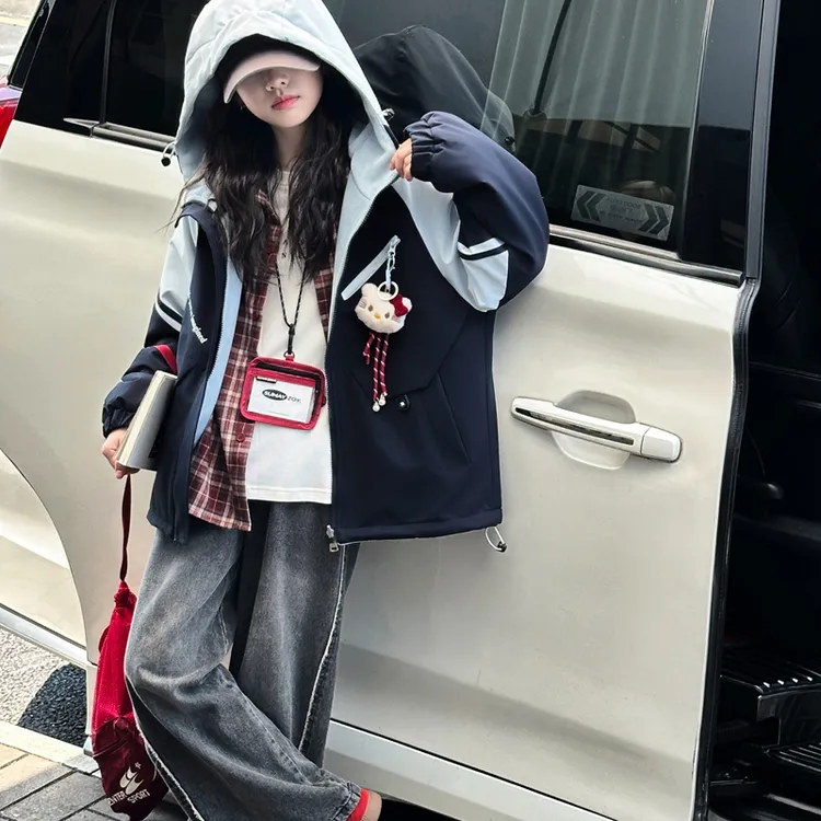 女童加绒外套2025新款儿童秋冬双面穿上衣大童冬季连帽加厚冲锋衣