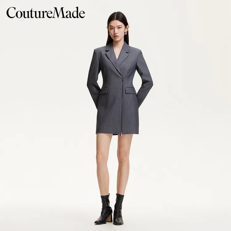Couture Made连衣裙2025垫肩拉链门襟千金裙子小众百搭纯欲慵懒风