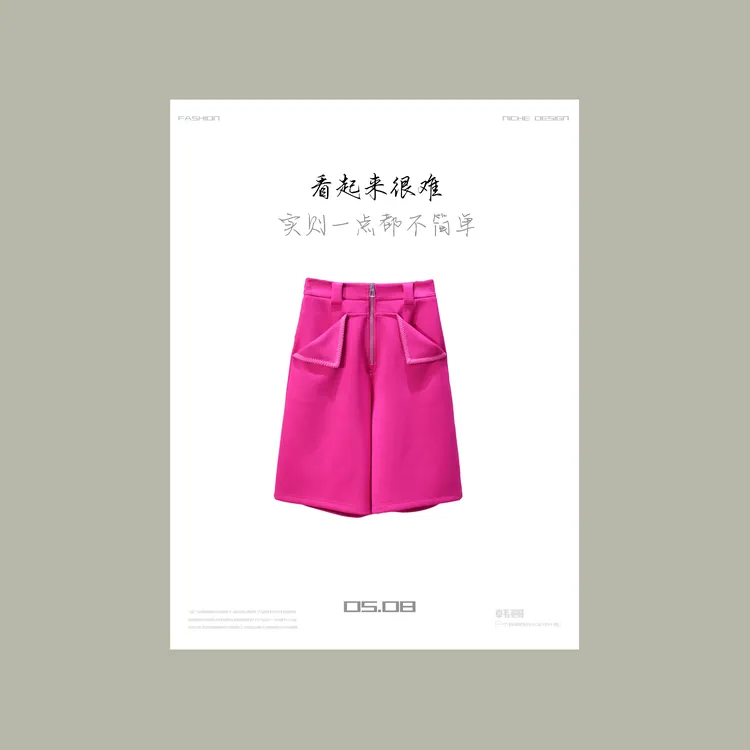 【韩哥女装】夏季轻薄洋红色立裁拼接休闲短裤7925