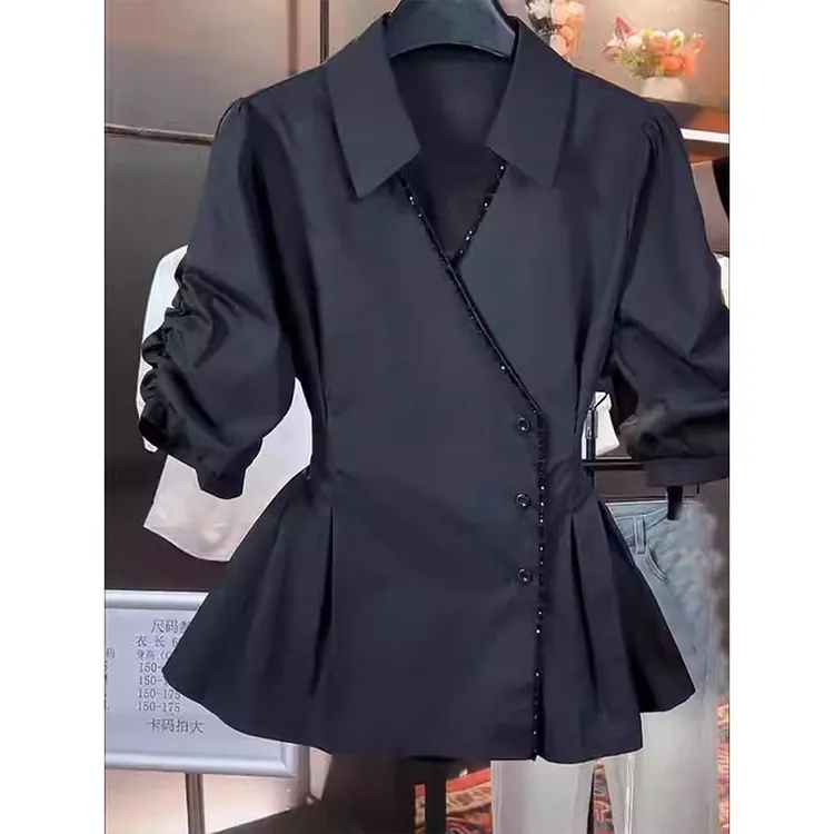 大码高级感v领泡泡短袖衬衫夏季新款微胖mm法式气质收腰裙摆上衣