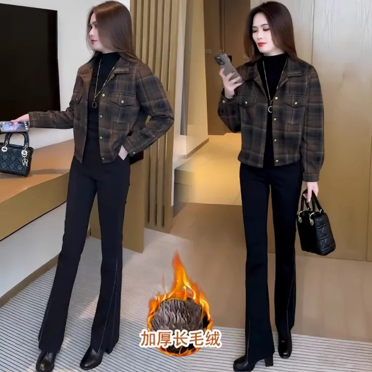 加绒加厚格子短外套女秋冬新款时尚休闲洋气上衣小个子保暖夹克衫