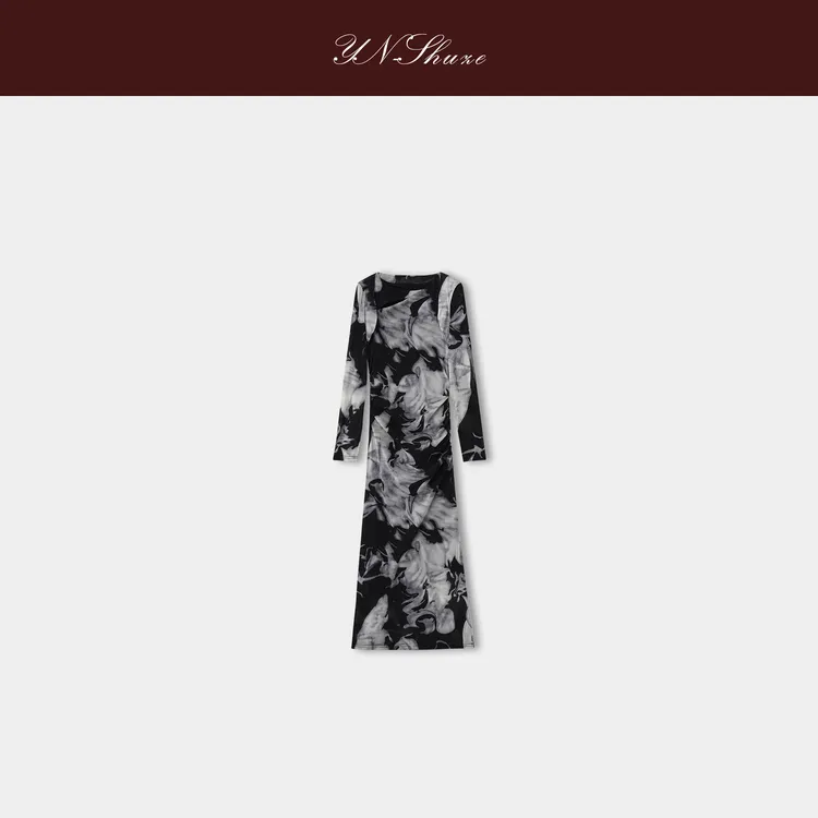 YN-SHUZE【轻雾墨画】气质修身印染撞色收褶坎肩连衣裙SZ-YNB-2003