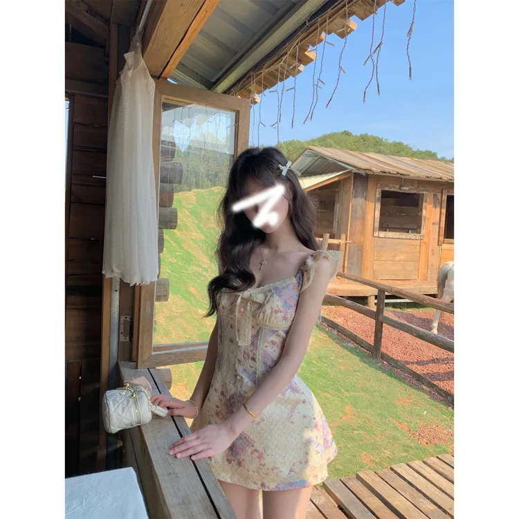 长岛情书 夏季法式复古飞飞袖短袖蕾丝印花连衣裙收腰A字短裙女