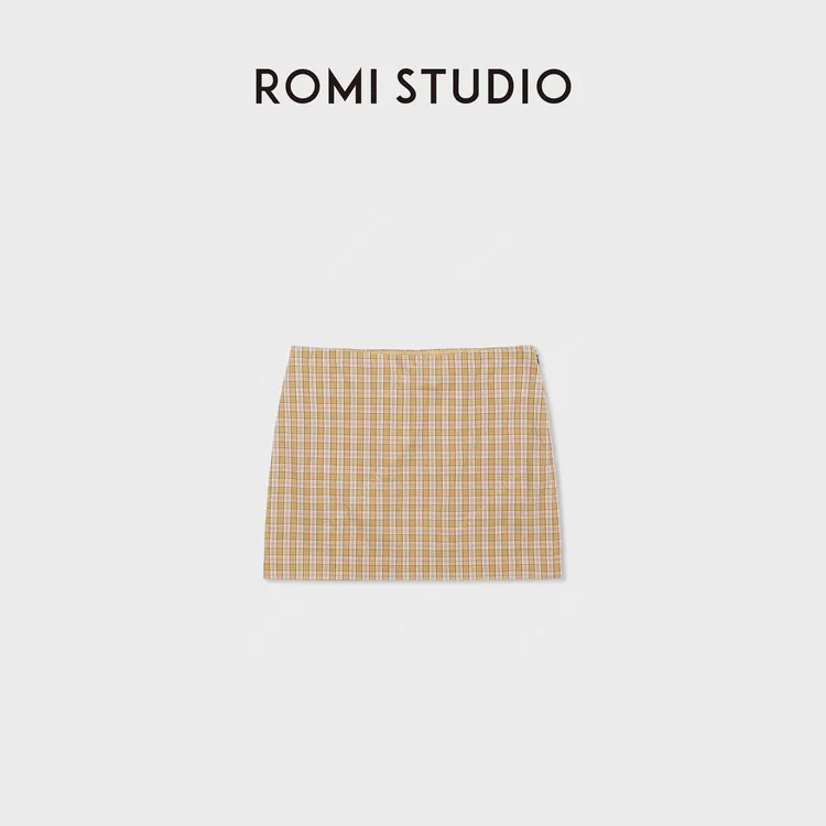ROMI STUDIO100%棉色织复古格纹直筒侧拉链短半裙 RWDSXY2462