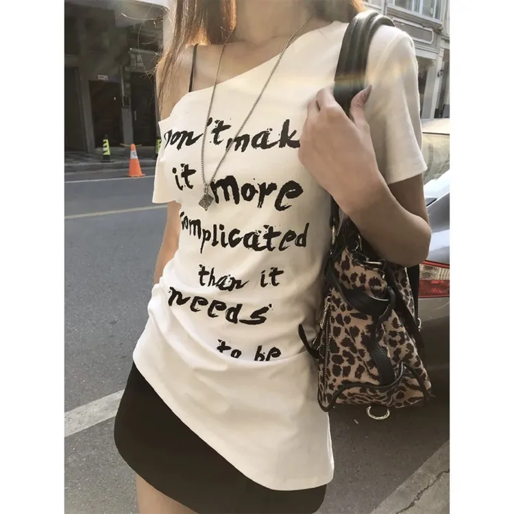 夏季新款修身显瘦时尚百搭短袖气质复古印花T恤斜肩领不规则上衣