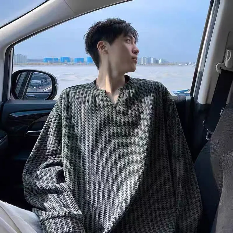 2025新款重磅休闲条纹纯色长袖T恤上衣男士秋季V领宽松百搭打底衫