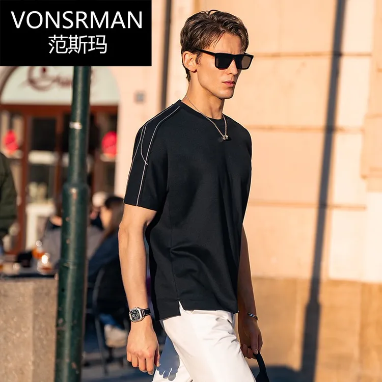 VONSRMAN廓形线条设计时尚t恤男士时尚通勤2025夏季下摆开衩短袖
