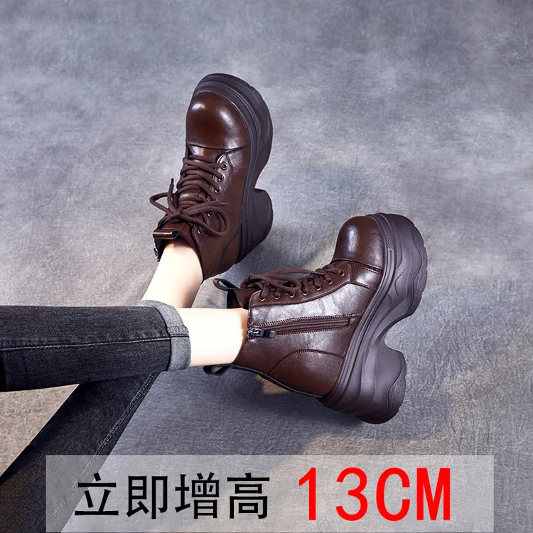 13厘米增高鞋女黑色马丁靴厚底内增高英伦风阔腿裤专用鞋子百搭款