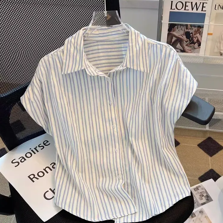 设计感飞飞袖衬衣短袖薄款小个子上衣宽松夏季韩版蓝色竖条纹衬衫