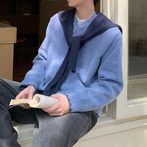 韩系假两件披肩毛衣男秋冬季新款圆领纯色百搭针织毛衫高级感上衣