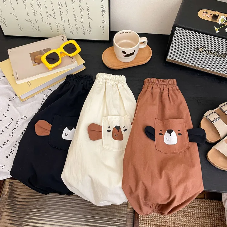 夏季儿童工装裤新款立体小熊朵家居休闲轻薄松紧腰童趣可爱灯笼裤