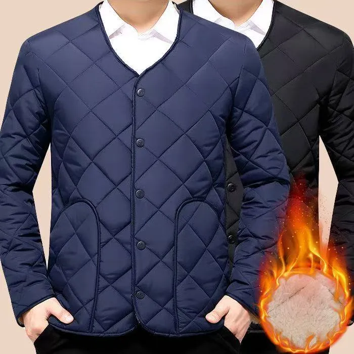 男士加绒棉服秋冬短款保暖内衣中老年加厚棉内胆爸爸装长袖内外穿