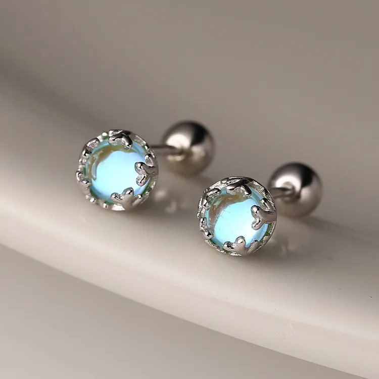 925银耳饰 925纯银鹿角宝石耳钉韩版简约气质螺丝拧扣耳环小巧