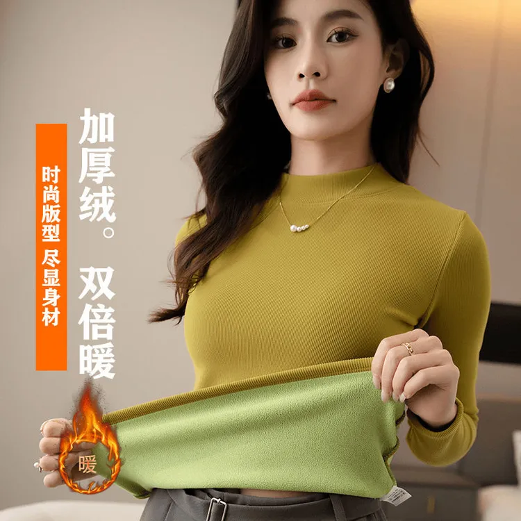 2025秋冬半高领时尚加绒加厚打底衫女士保暖上衣圆领内搭外穿打底