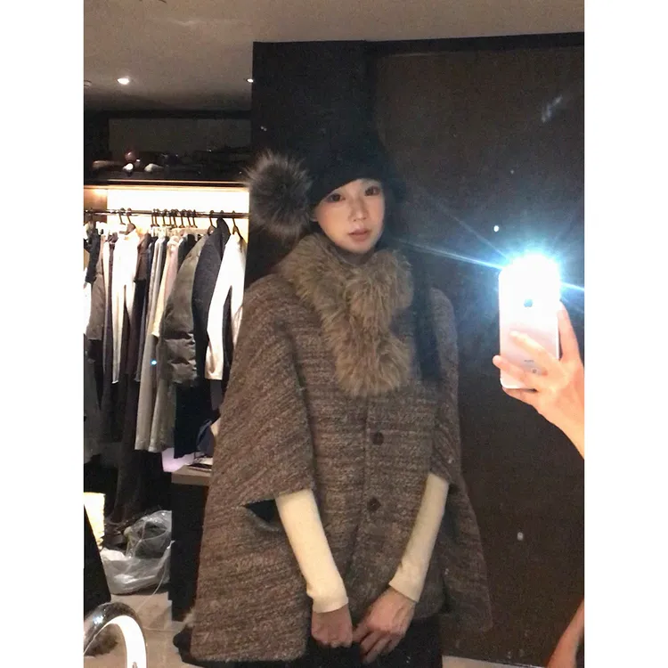 【时光交叠】冬季复古港式圆领斗篷气质HD毛呢外套254U4633