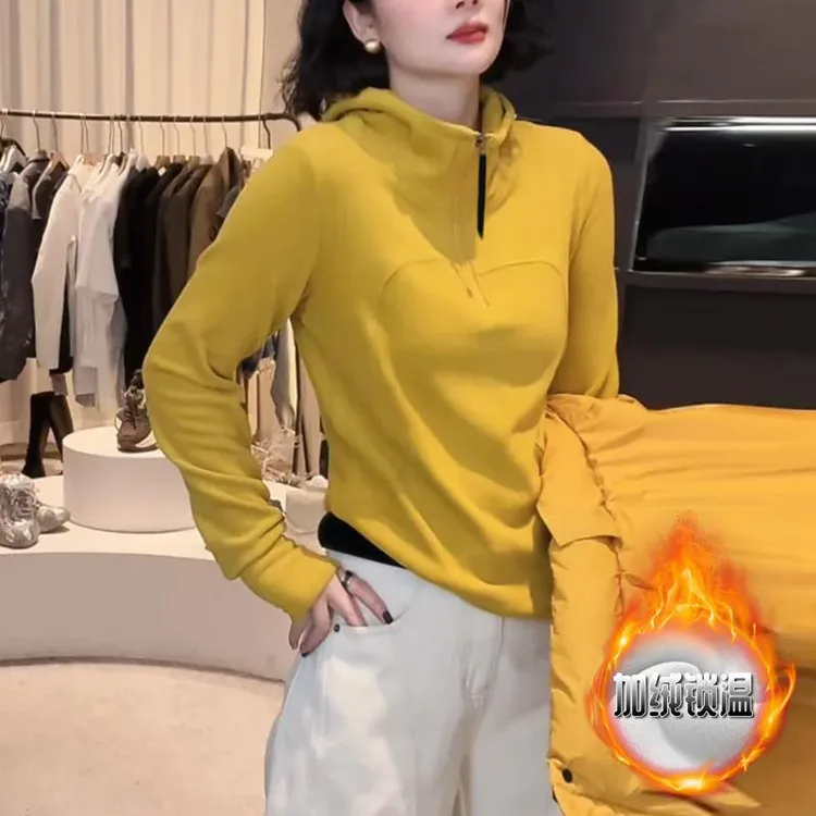 冬季新款半拉链连帽长袖卫衣加绒保暖韩版打底衫纯色时髦气质上衣