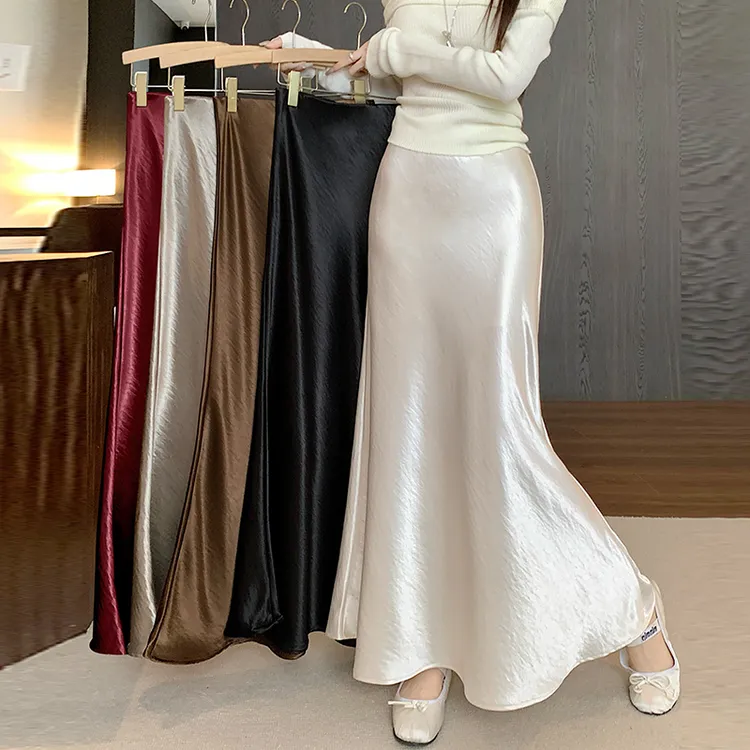 实拍 醋酸缎面鱼尾裙半身裙女2025春季高腰垂感a字遮胯包臀中长裙