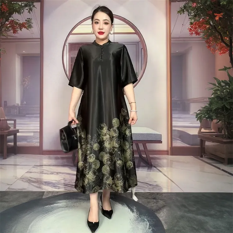 国风复古旗袍裙妈妈装时尚气质连衣裙宽松大码200斤长裙