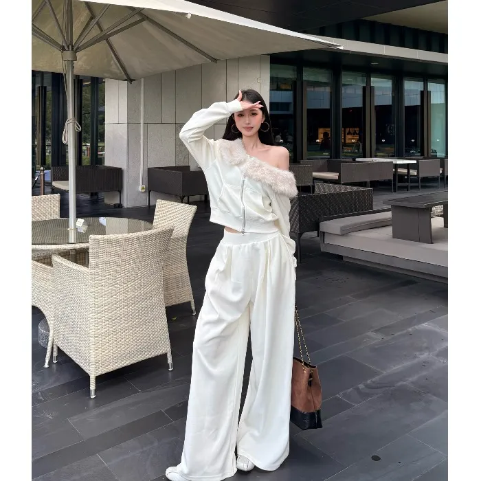 双拉链毛领斜肩长袖卫衣外套女秋季穿搭套装休闲阔腿裤灰色两件套