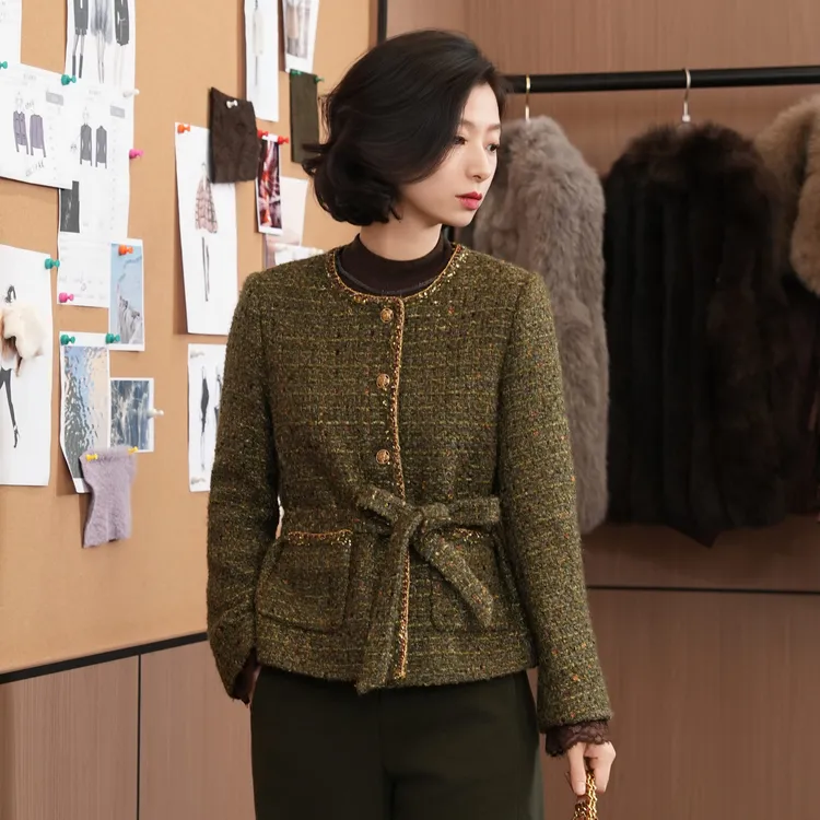 西子/【秋天童话】羊毛混纺小香风粗花呢腰带收腰外套/WTXS0461