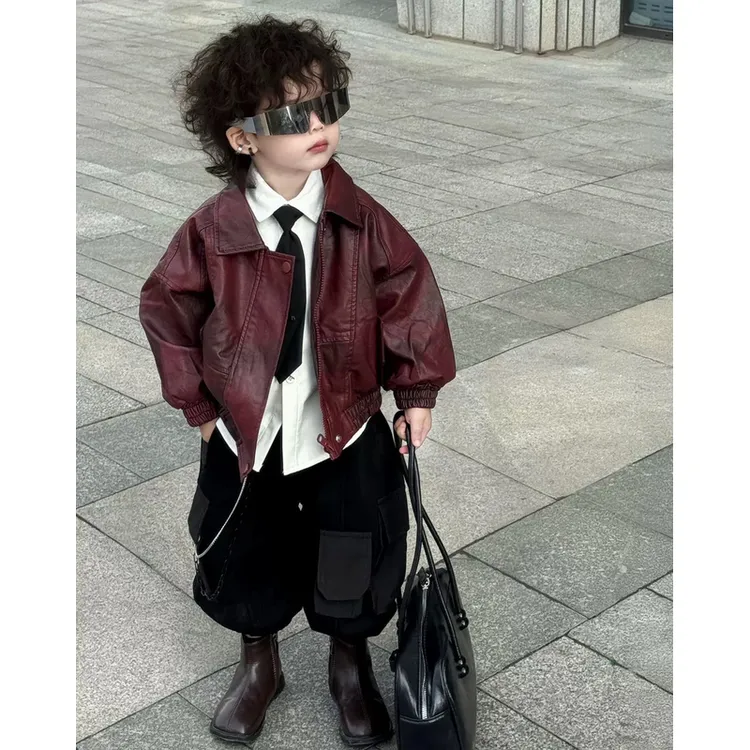 童装男童皮衣春秋外套2025儿童新款洋气宝宝男孩夹克衬衫三件套
