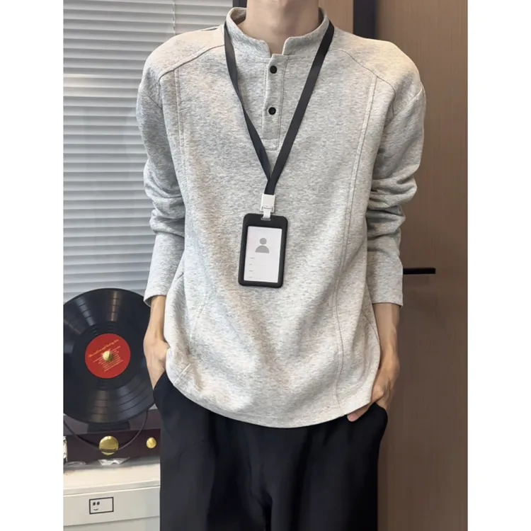 POLO衫亨利领长袖t恤男秋季解构拼接设计感正肩打底衫春秋款卫衣
