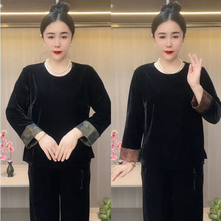 8656新款秋季时尚圆领长袖中老年小衫打底衫极简高贵洋气妈妈装