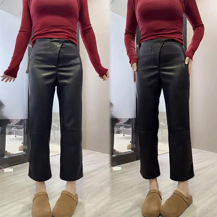 黑色皮裤九分裤女秋冬爆款潮大码梨形身材显瘦小个子烟管裤长90cm