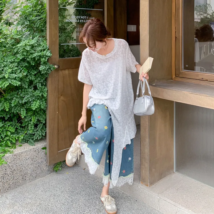 松弛感不规则蕾丝罩衫牛仔阔腿裤2025女夏新款小众复古韩系两件套