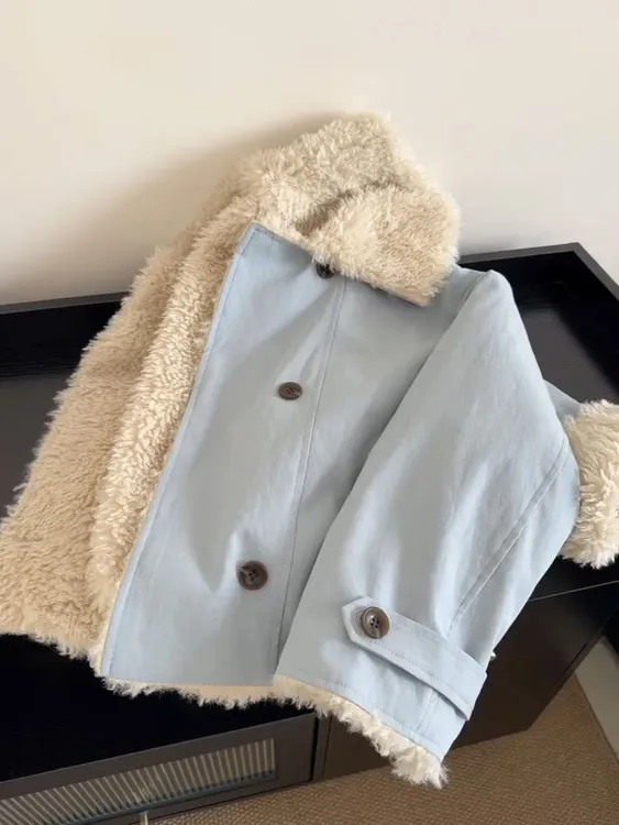 韩系复古立领宽松毛毛外套女秋冬新款羊羔毛翻领双排扣短外套上衣