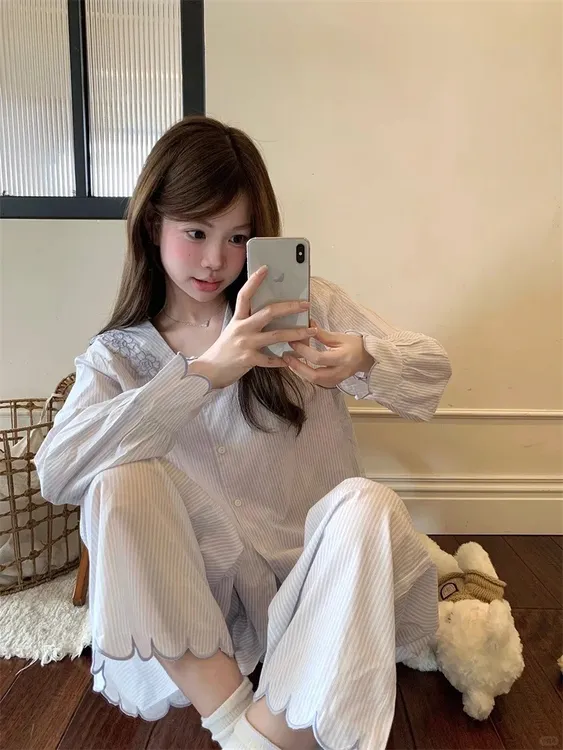 【DMXJ大梦想家】甜美可爱花朵花边睡衣女秋款宽松可外穿居家服套装