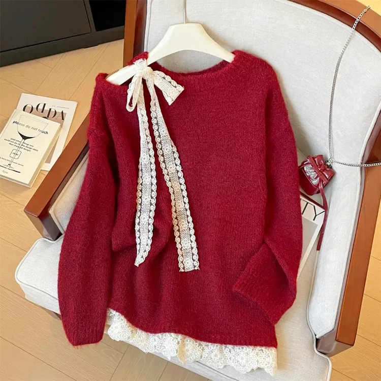 红色甜美减龄蕾丝系带毛衣女春秋新款宽松软糯露肩超好看针织上衣