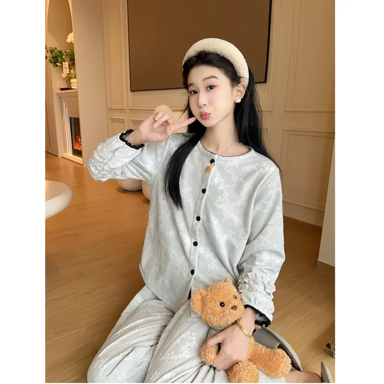 二娴家原创秋冬海岛绒保暖莫兰迪灰睡衣女两件套