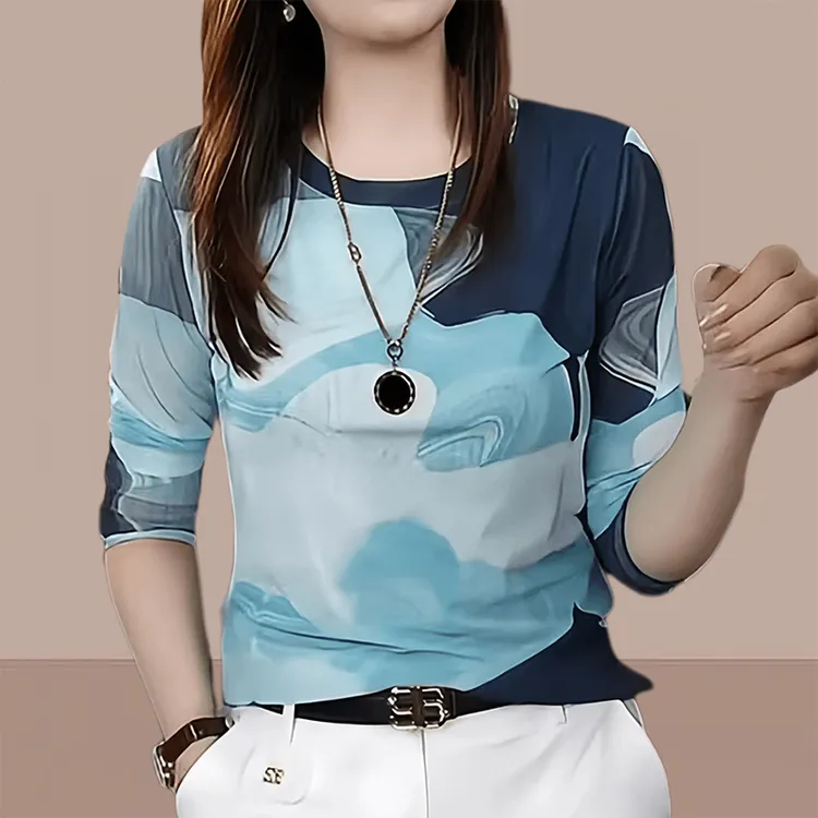 时尚休闲百搭显瘦洋气印花长袖圆领打底衫女款2025年秋季潮流风修
