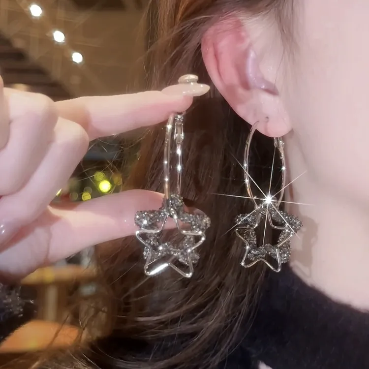 铜合金耳饰 网红闪锆双五角星耳扣耳环女时尚甜美百搭设计感耳饰