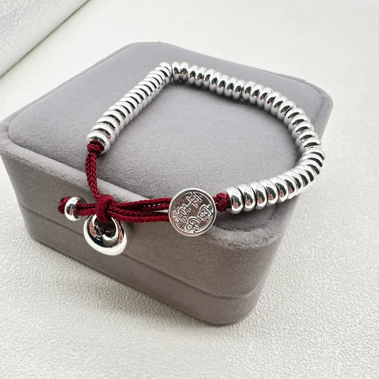 足银手镯 足银999.9手镯 A2 红盘缠手链编绳百搭复古个性手串
