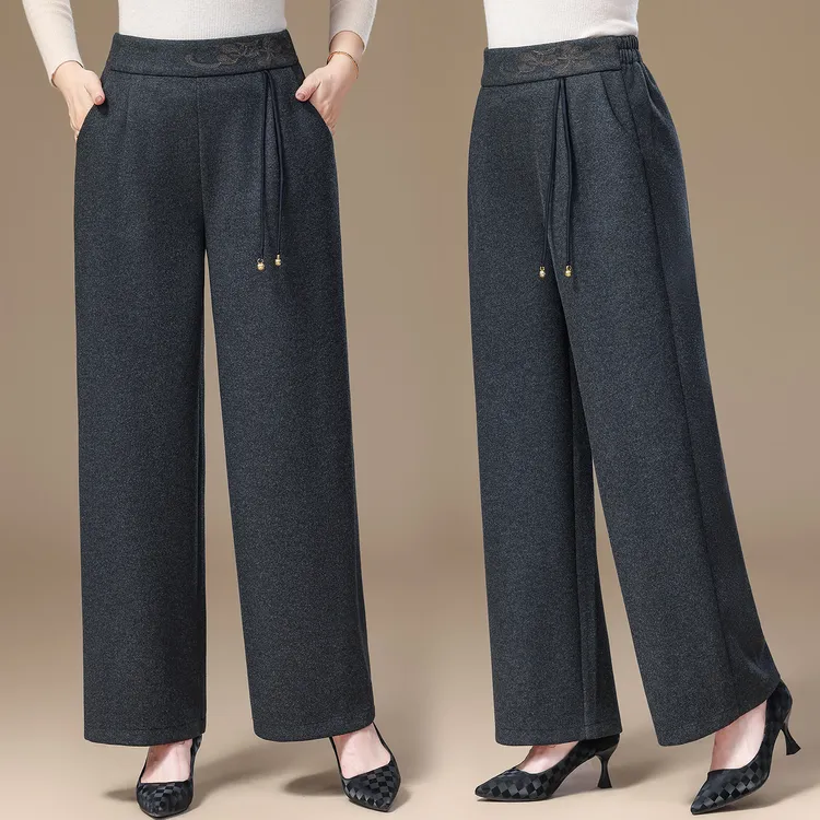 中老年妈妈装冬季加厚时尚显瘦绣花休闲裤奶奶装高腰直筒裤长裤