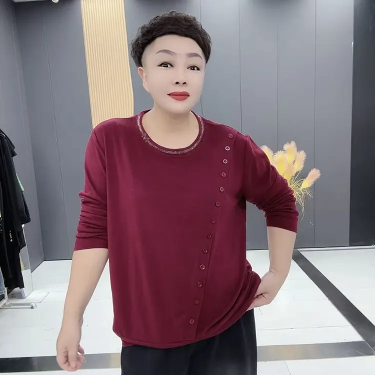 2934秋冬大码圆领钻斜纽扣时尚显瘦百搭长袖上衣