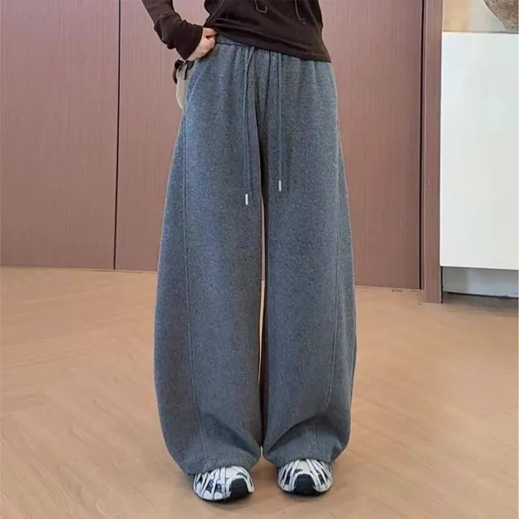加绒羊毛呢阔腿弯刀裤女秋冬2025新款松弛感高腰宽松休闲香蕉裤子