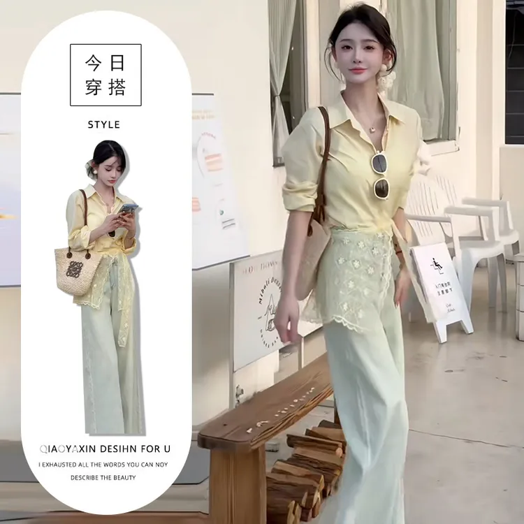 少女感别致穿搭三件套2025夏季新款设计感蕾丝披肩洋气衬衫牛仔裤