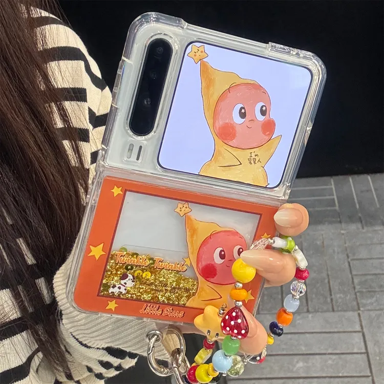 适用华为purax折叠屏手机壳透明金色PuraX流沙闪粉星星卡通人链条