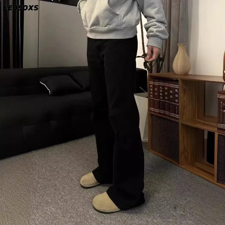 巴黎弯刀直筒微喇黑牛仔裤男复古显瘦cleanfit休闲裤潮牌潮流热款