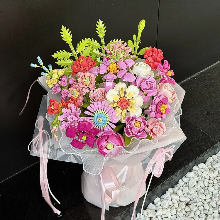 积木花朵diy材料包整套玫瑰积木永生花束套装礼物生日女孩抱抱桶