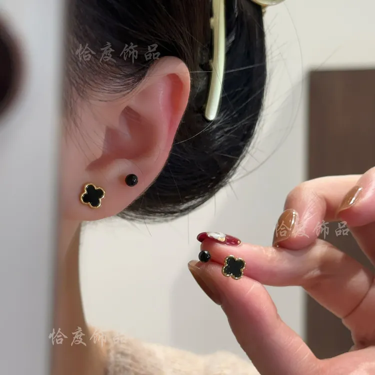 铜合金耳饰 【恰度】潮酷黑色四叶花朵豆豆四件套耳钉