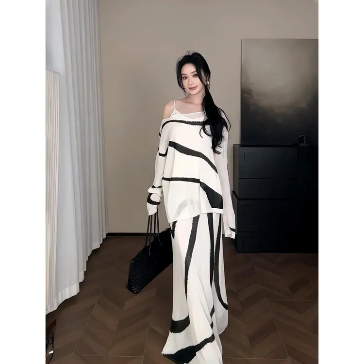 法式针织套装裙女2025新款宽松防晒罩170高阔腿通勤棕色套装