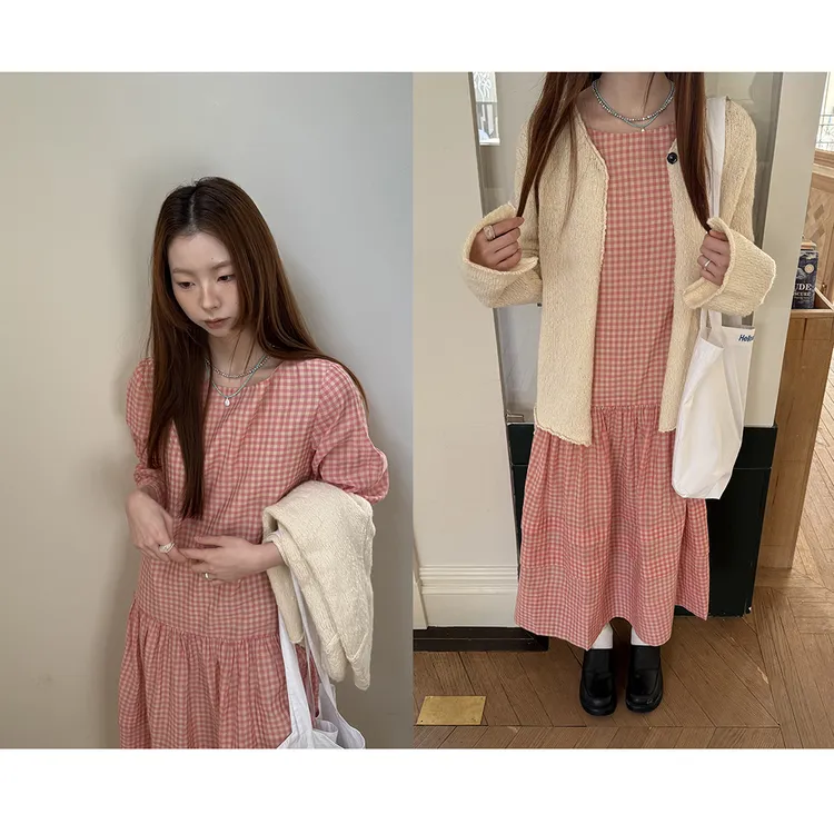 HelloooEat 日系粉色格子连衣裙EM2361