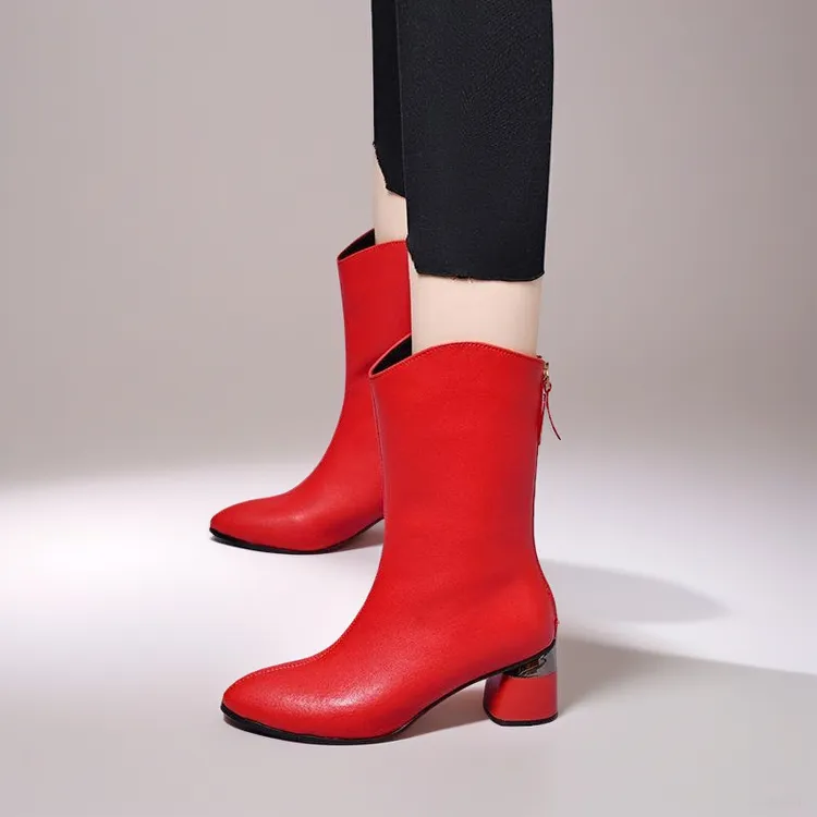 2025秋冬热款洋气加绒中跟尖头中筒女士时尚韩版女复加绒磨砂羊皮