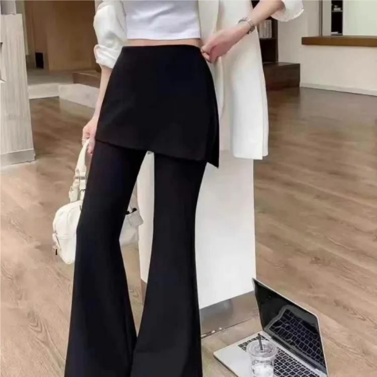 2025秋冬加绒不规则假两件微喇裤女胖mm梨形屁帘遮跨显瘦休闲长裤