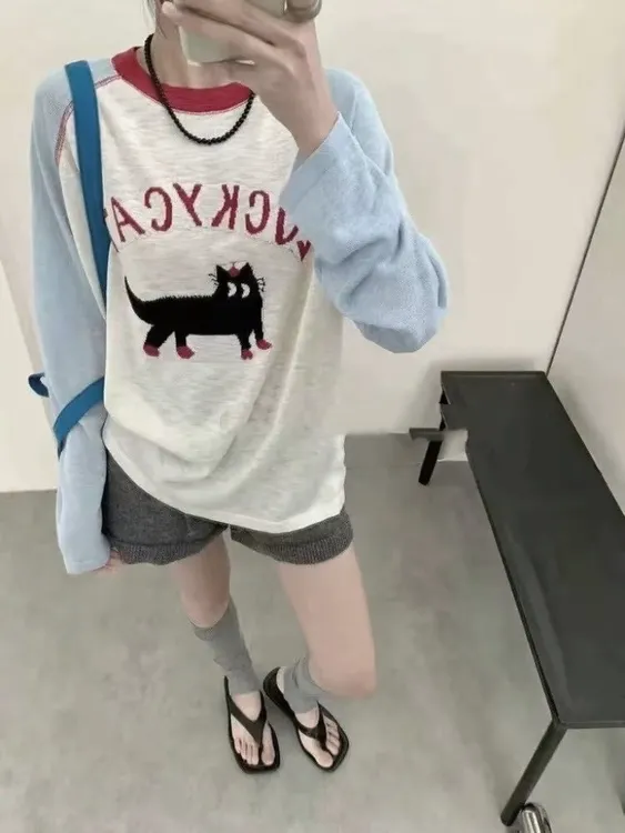 撞色插肩袖猫咪字母防晒长袖t恤女2025春夏宽松显瘦百搭上衣#901